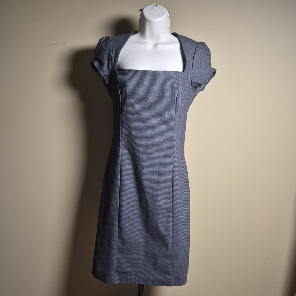L'Patricia Grey Micro Stripe Square Neck Cap Sleeve Sheath Dress S/M CD2109B